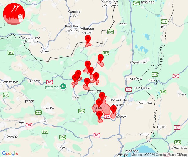 Barragem de foguetes em direção à área de Safed às 17:36