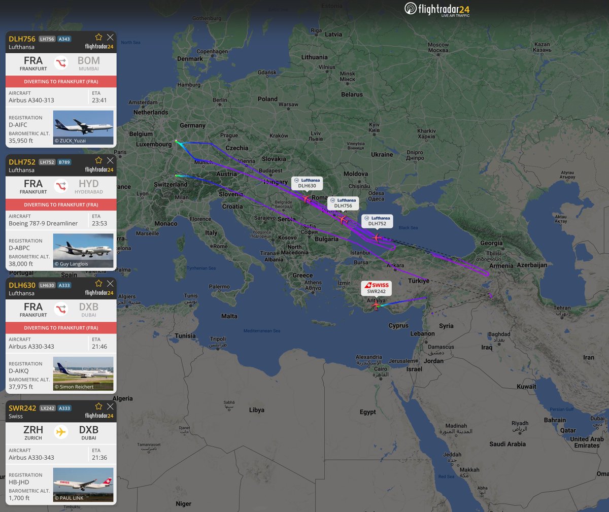 Mehrere Flüge der Lufthansa-Gruppe kehrten zum Ausgangsort zurück, oder im Falle der Swiss wurden sie auf Ausweichflüge umgeleitet, bevor sie heute Abend den iranischen Luftraum erreichten.