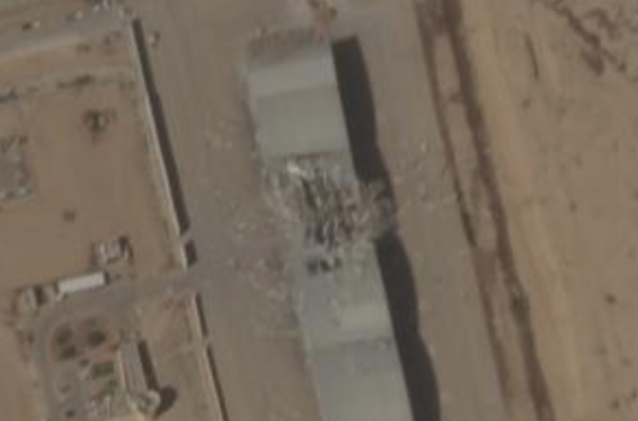 Satellite images of an aircraft hangar at a key Israeli military air base taken after a massive barrage of Iranian missiles appear to show a large hole in the roof. @planet image of the Nevatim air base shows damage to the roof in a row of buildings near the main runway