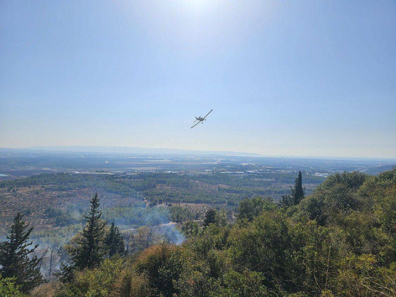 Los servicios de emergencia israelíes utilizan aviones para extinguir un incendio que se produjo en el asentamiento de Shlomi después de que un misil de Hezbolá lo alcanzara.