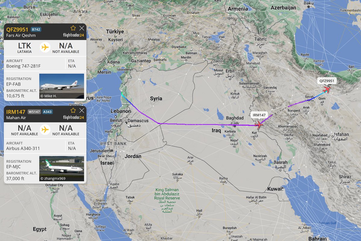 Iranian cargo B747 [EP-FAB] made another flight to the Russian airbase in Latakia together with Mahan Air A340 [EP-MJC] today