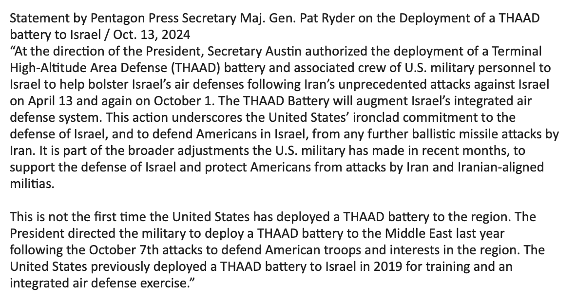 El Pentágono anuncia que Estados Unidos enviará a Israel el sistema de defensa aérea THAAD y tropas para operarlo