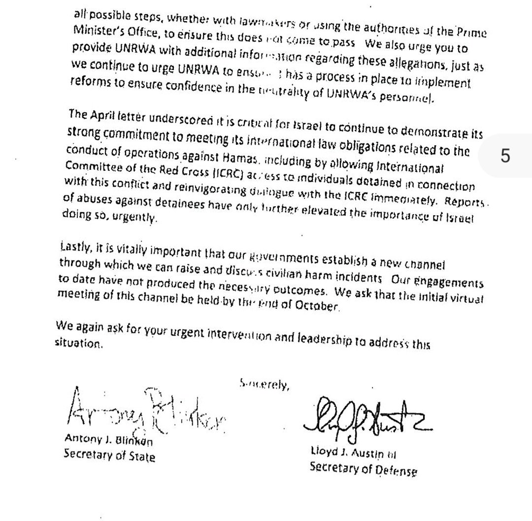 Le secrétaire d'État Blinken et le secrétaire à la Défense Austin ont envoyé lundi une lettre à Israël exigeant qu'il prenne des mesures dans les 30 jours pour améliorer la situation humanitaire à Gaza afin d'éviter les conséquences juridiques américaines de l'aide militaire américaine à Israël.