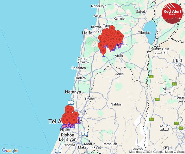 Red Alerts now across Central Israel and to the Southeast of Haifa in the North