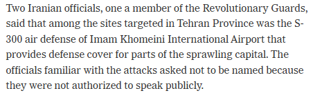 NYT: Israeli airstrikes targeted the S-300 air defense system at Imam Khomeini Airport and three Revolutionary Guard missile bases in Tehran Province, according to two Iranian officials. A second drone wave struck the Parchin military base, damaging the site