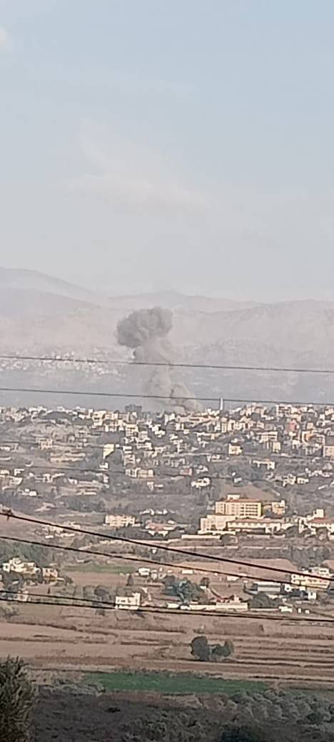 A picture of smoke plumes rising from an airstrike on the city of Khiyam, south Lebanon, a short while ago.