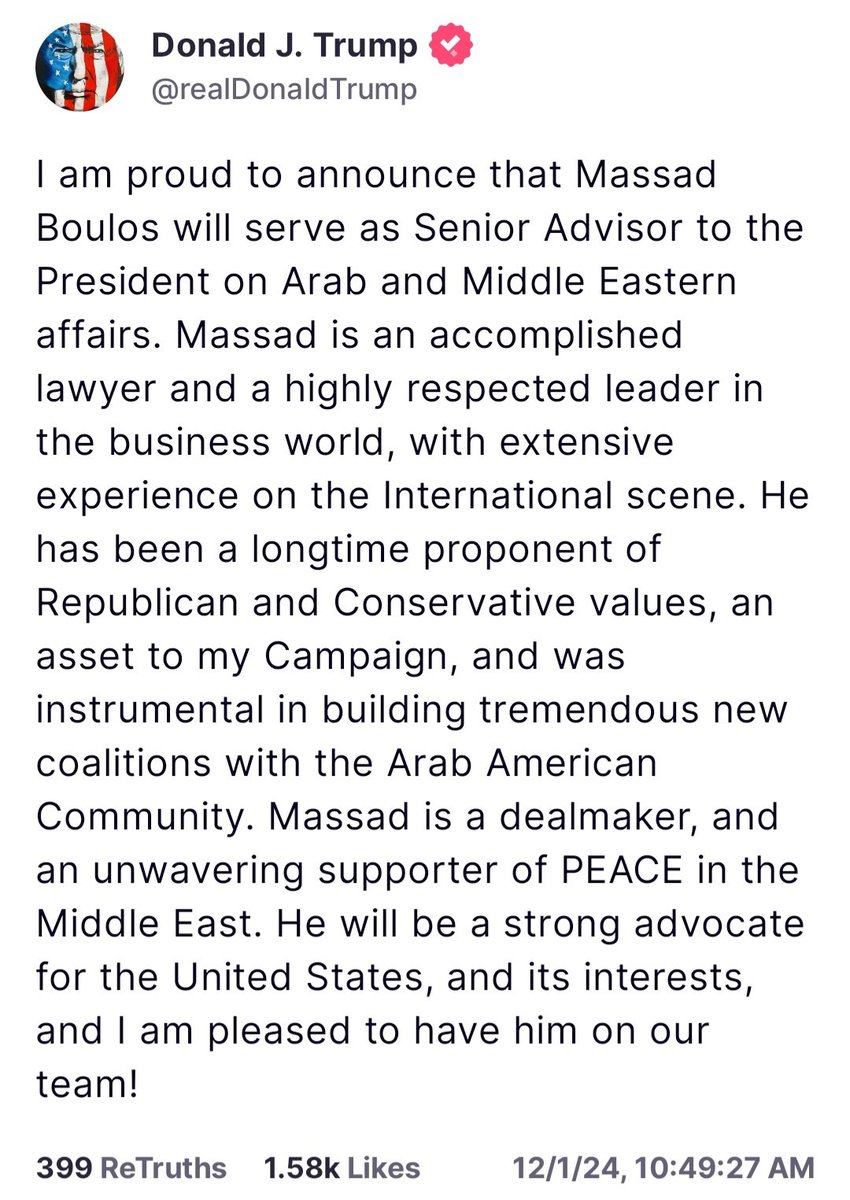 Trump appoints Massad Boulos (his in-law) as Middle East adviser