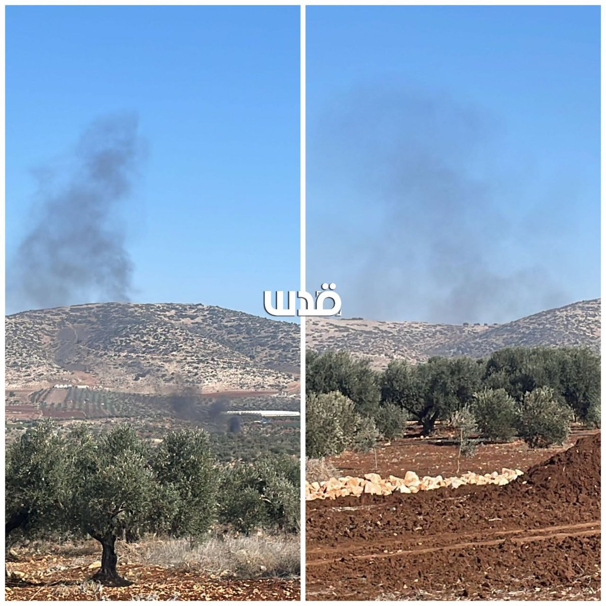 Smoke rises as a result of an airstrike near the town of Aqaba in Tubas in the northern Jordan Valley in Palestine.