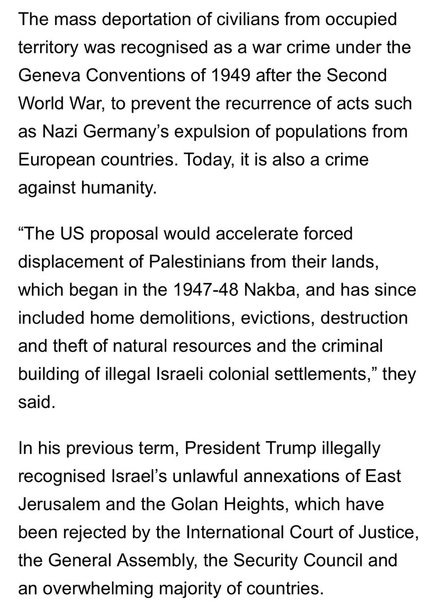 UN Human Rights Special Rapporteurs 
@UN_SPExperts
 responding to President Trump's comments regarding taking over #Gaza: Implementing the US proposal would shatter the most fundamental rules of the international order and the United Nations Charter since 1945, that the US was instrumental in creating to restore peace after the catastrophic Second World War and Holocaust. It would return the world to the dark days of colonial conquest. It is manifestly illegal to invade and annex foreign territory by force, to forcibly deport its population, and to deprive the Palestinian people of their inalienable right to self-determination, including to retain Gaza within a sovereign Palestinian state. 