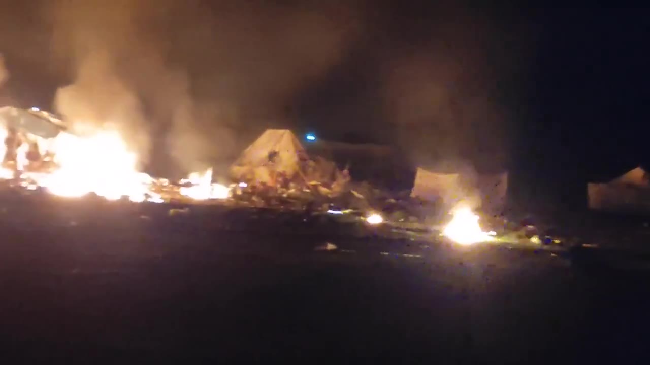 Video shows the tents of displaced Palestinians in the Mawasi area of ​​Khan Yunis, southern Gaza Strip burning, as a result of fresh Israeli airstrikes