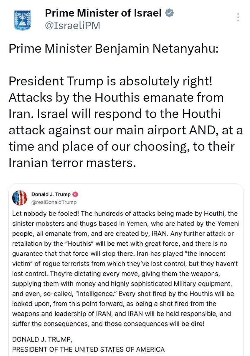 PM @netanyahu promises retaliatory response to Yemen's Houthi missile attack on Ben Gurion Airport. President Trump is correct. Yemen's attacks are Iranian-sponsored. Israel will respond appropriately to the Houthi attack on Ben Gurion Airport, our main airport. The response will target Iranian terrorist sponsors.