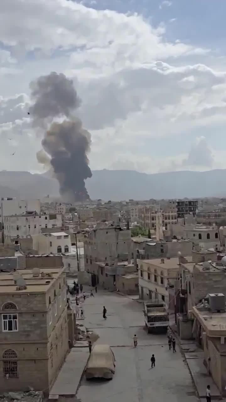 The Moment the Amran cement factory in Amran north of Yemen was hit by Israeli airstrikes today
