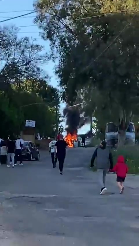 A car targeted by an Israeli airstrike in Kafrreman, Nabatieh