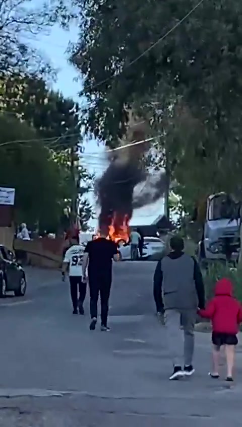 A car targeted by an Israeli airstrike in Kafrreman, Nabatieh