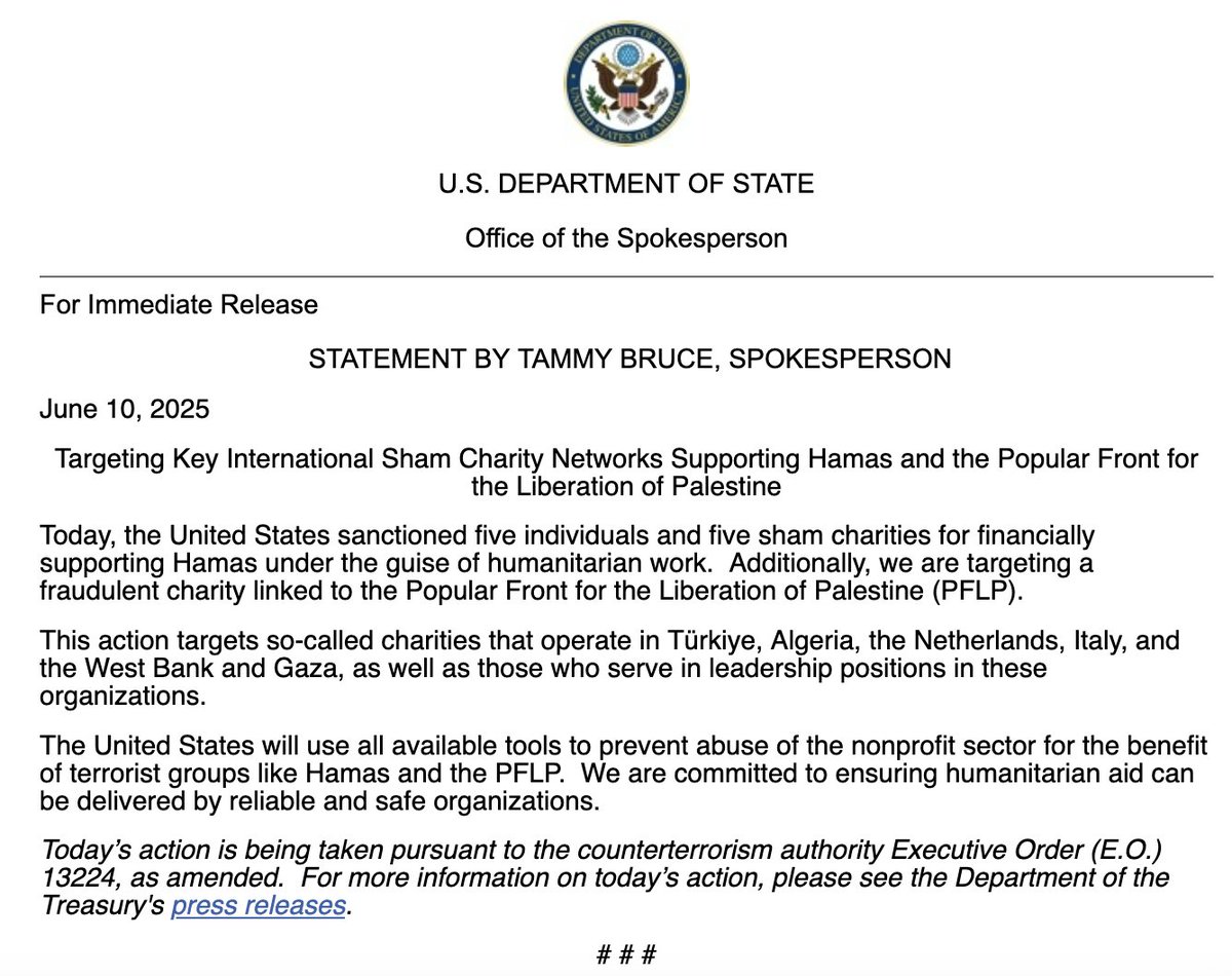 Os EUA sancionaram hoje cinco indivíduos e cinco instituições de caridade fictícias por apoiarem financeiramente o Hamas sob o pretexto de trabalho humanitário, segundo o Departamento de Estado. Além disso, estamos mirando uma instituição de caridade fraudulenta ligada à FPLP, disse Spox, do Departamento de Estado.