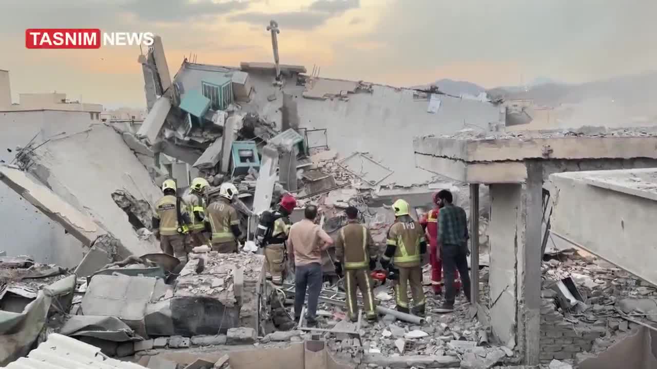 A video published by the IRGC-affiliated Tasnim News shows a building destroyed in the Israeli airstrikes against Narmak in eastern Tehran