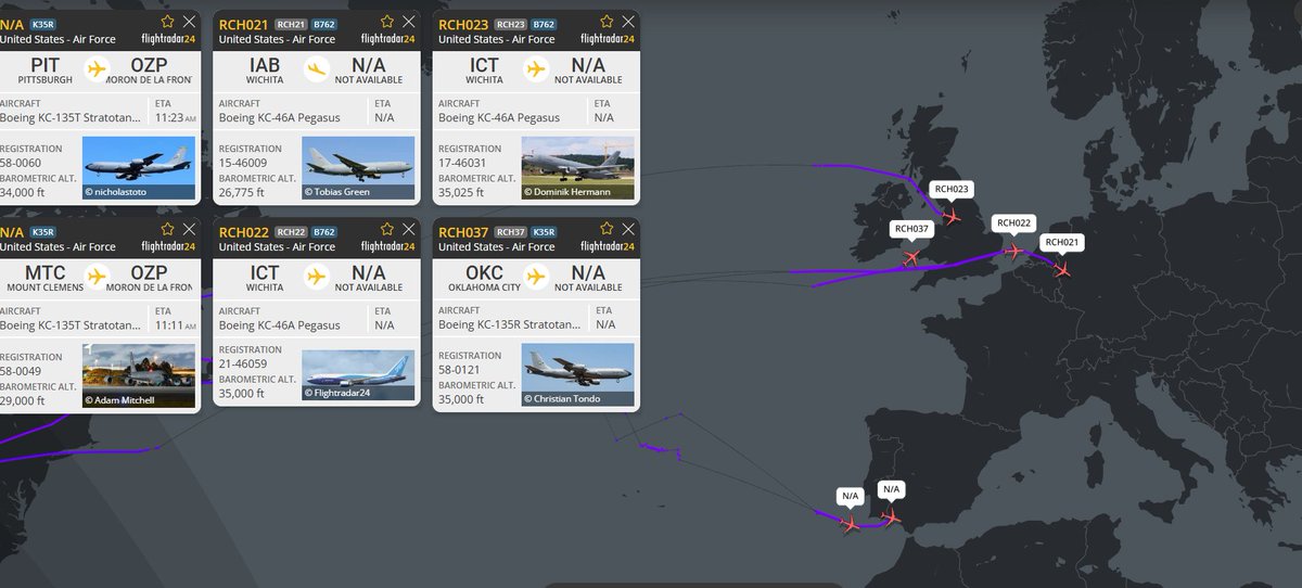Several U.S. refuelers landed in Italy; about ten landed in southern Spain (Rota base - usually a stopover on the way to the Middle East); about ten more are about to land (probably) in Germany (Rammstein is also usually a stopover on the way to the Middle East)