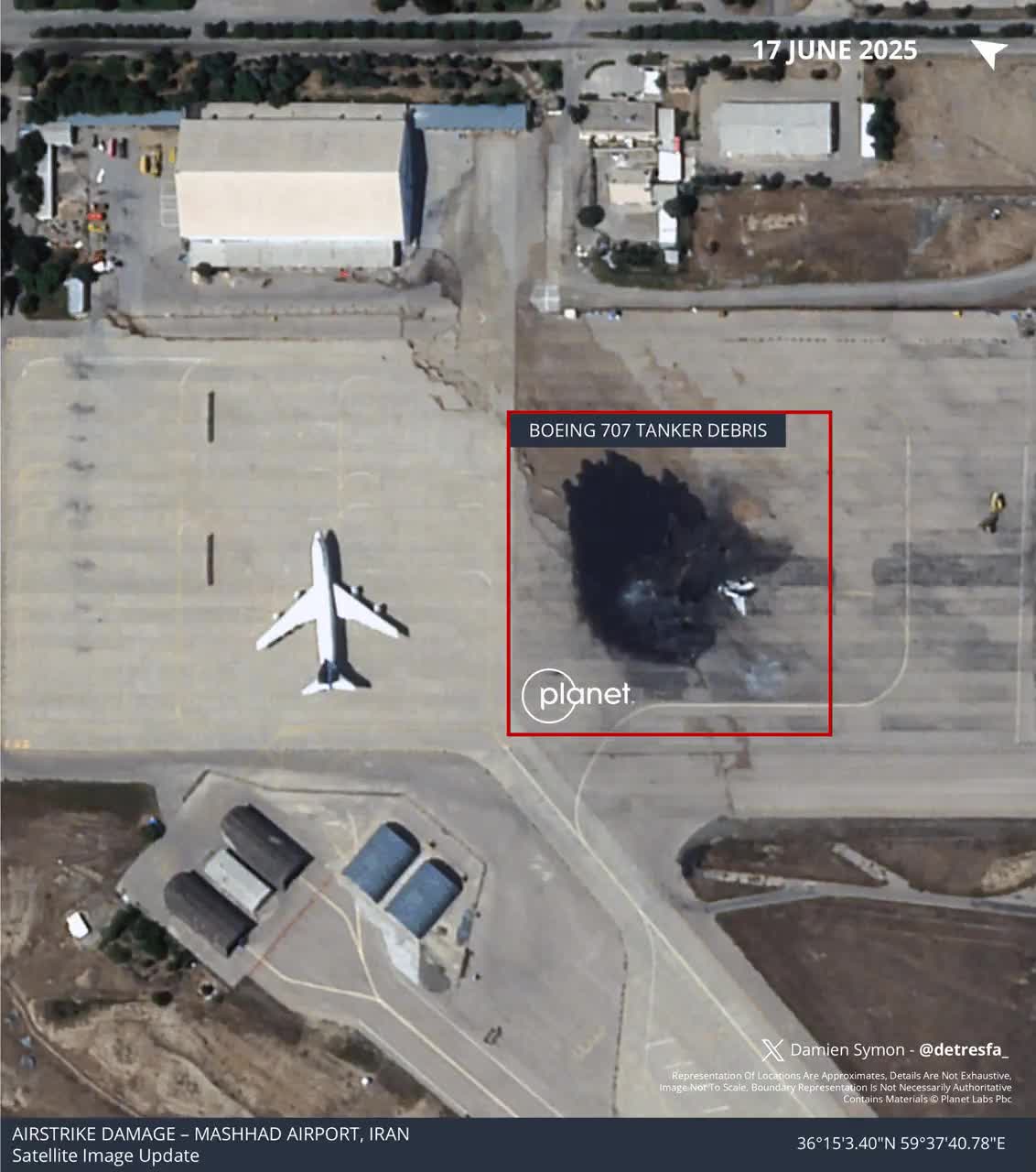 Planet imagery from Mashhad Airport shows the debris of Iran's Boeing 707 Aerial Refueler after it was struck by Israel in a recent airstrike