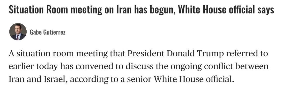 A situation room meeting that President Trump referred to earlier today has convened to discuss the ongoing conflict between Iran and Israel, according to a senior White House official
