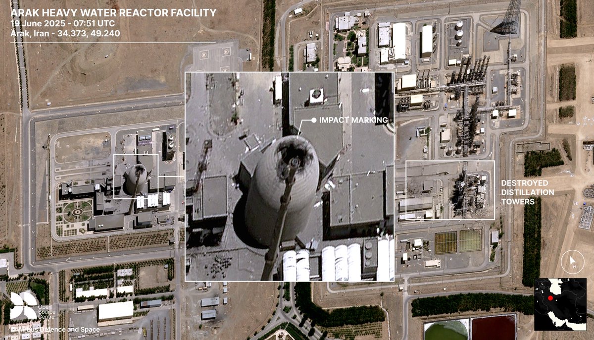 High-resolution imagery from @AirbusDefence taken on 19 June 2025 shows the aftermath of the strike on Iran's Arak Heavy Water Reactor