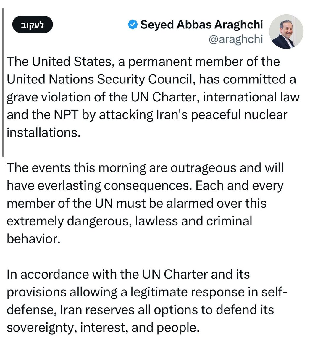 Iranian Foreign Minister Araqchi: The US has committed a serious violation of international law; the events this morning are outrageous and will have long-term consequences; Iran reserves all options to defend its sovereignty, its interests and its people