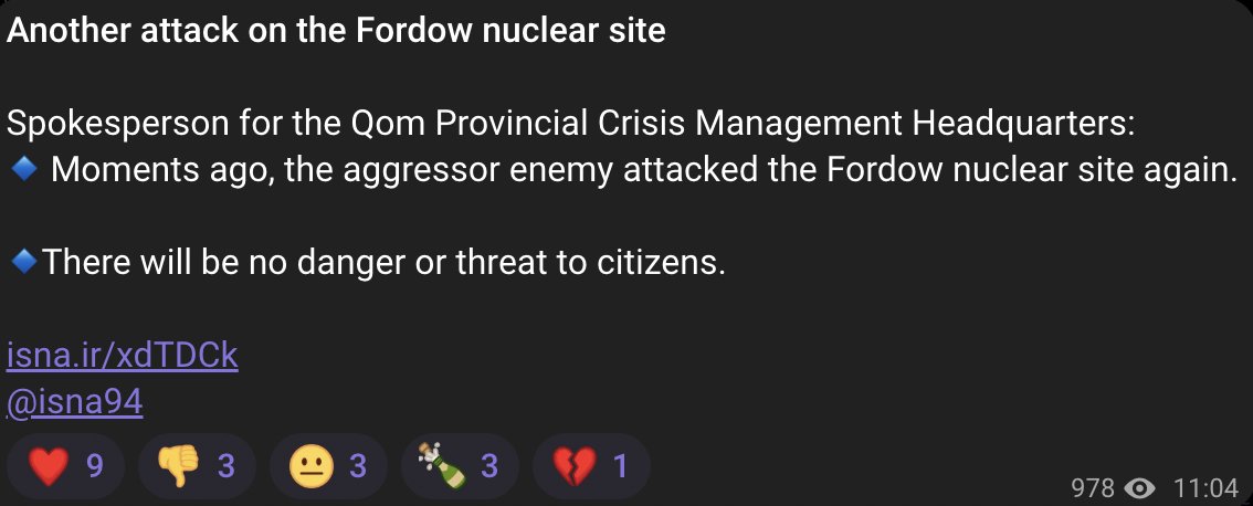 Israel is conducting new strikes against the Fordow Nuclear Facility in Iran, the Spokesperson for the Qom Provincial Crisis Management Headquarters says - ISNA
