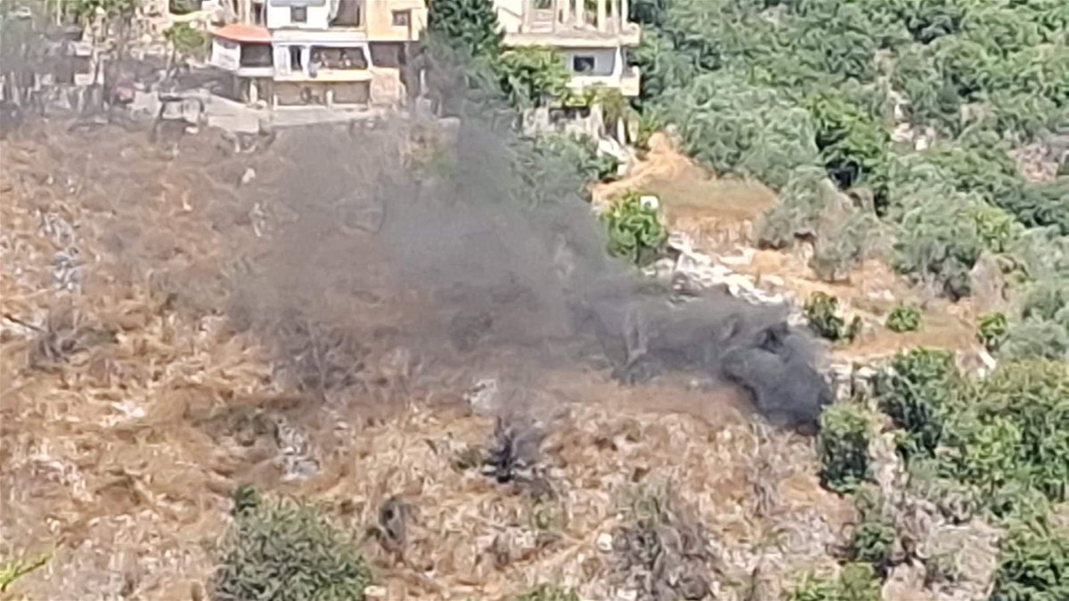 The remains of an Israeli interceptor missile fell between Majdal Silm and Khirbet Silm in the Bint Jbeil district in southern Lebanon, causing a fire in the area.