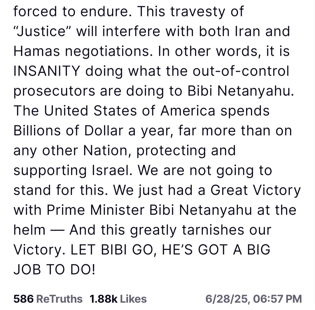 Trump continues to press for canceling Netanyahu's corruption trial and hints he could suspend military aid to Israel if the trial continues
