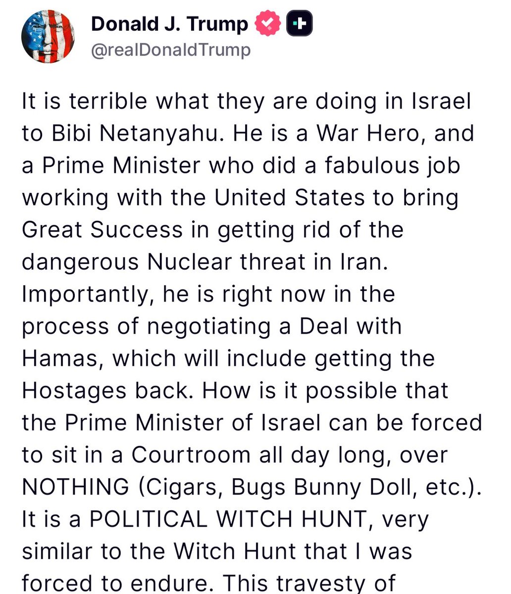 Trump continues to press for canceling Netanyahu's corruption trial and hints he could suspend military aid to Israel if the trial continues