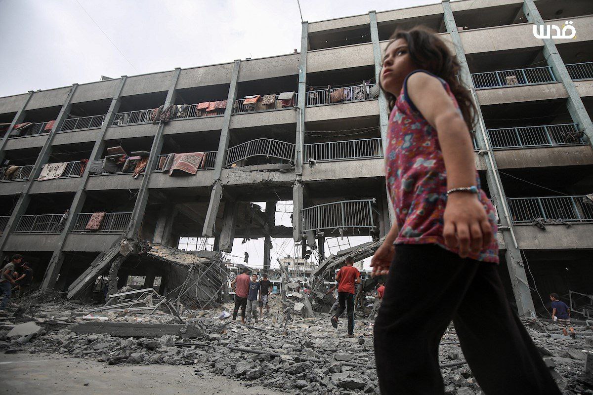 The aftermath of an airstrike targeting Al-Falah School, which houses displaced people in the Al-Zeitoun neighborhood of Gaza City.