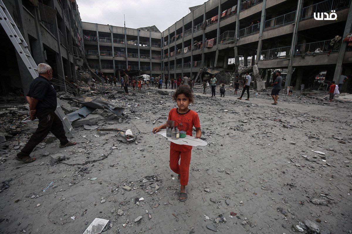 The aftermath of an airstrike targeting Al-Falah School, which houses displaced people in the Al-Zeitoun neighborhood of Gaza City.