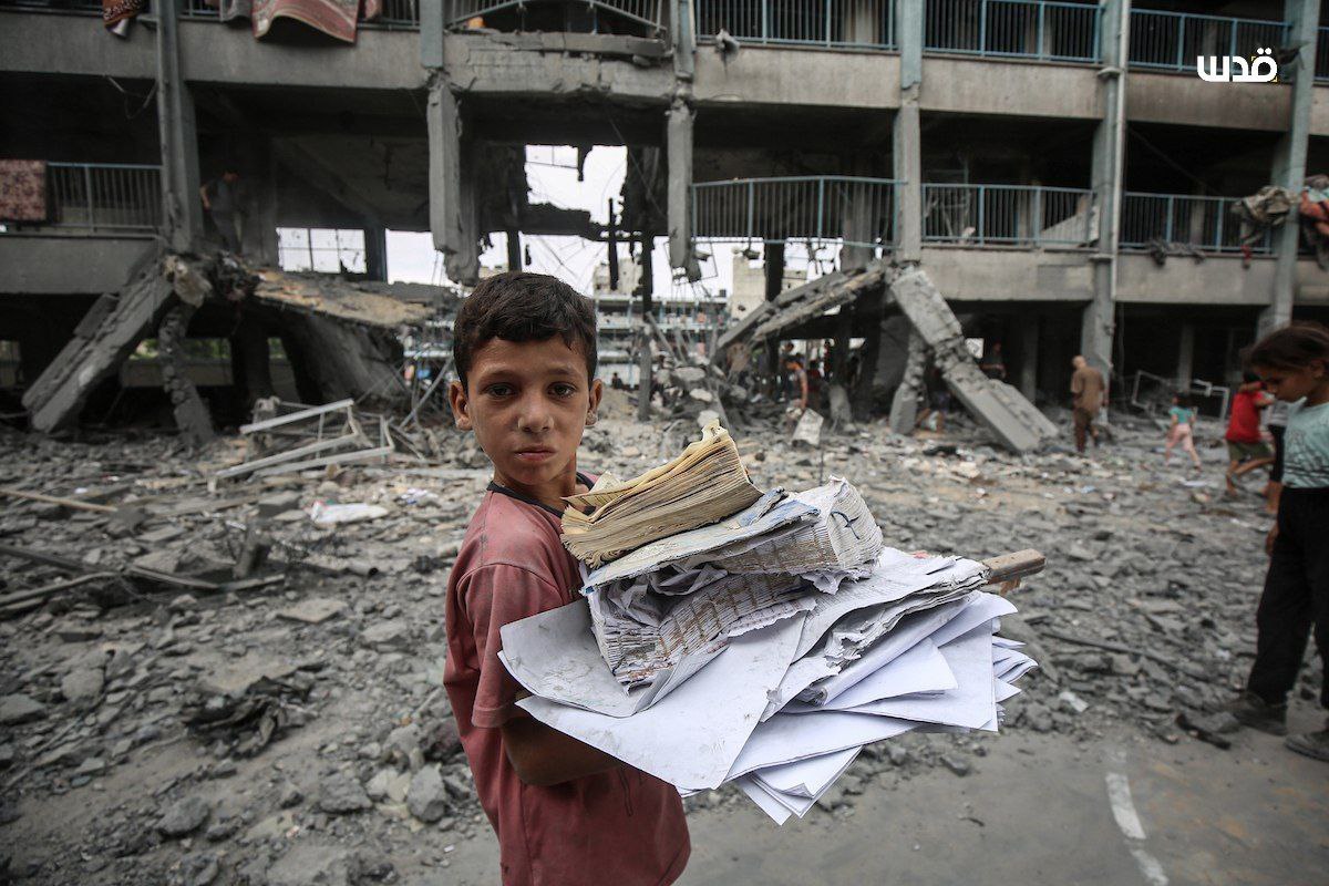 The aftermath of an airstrike targeting Al-Falah School, which houses displaced people in the Al-Zeitoun neighborhood of Gaza City.