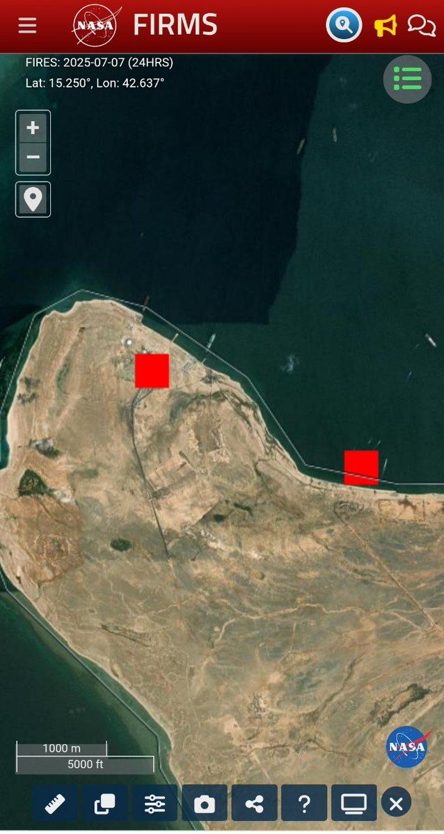 According to NASA's FIRMS, two fires broke at the Ras Isa oil terminal (left) and on the Galaxy Leader vessel (Right)