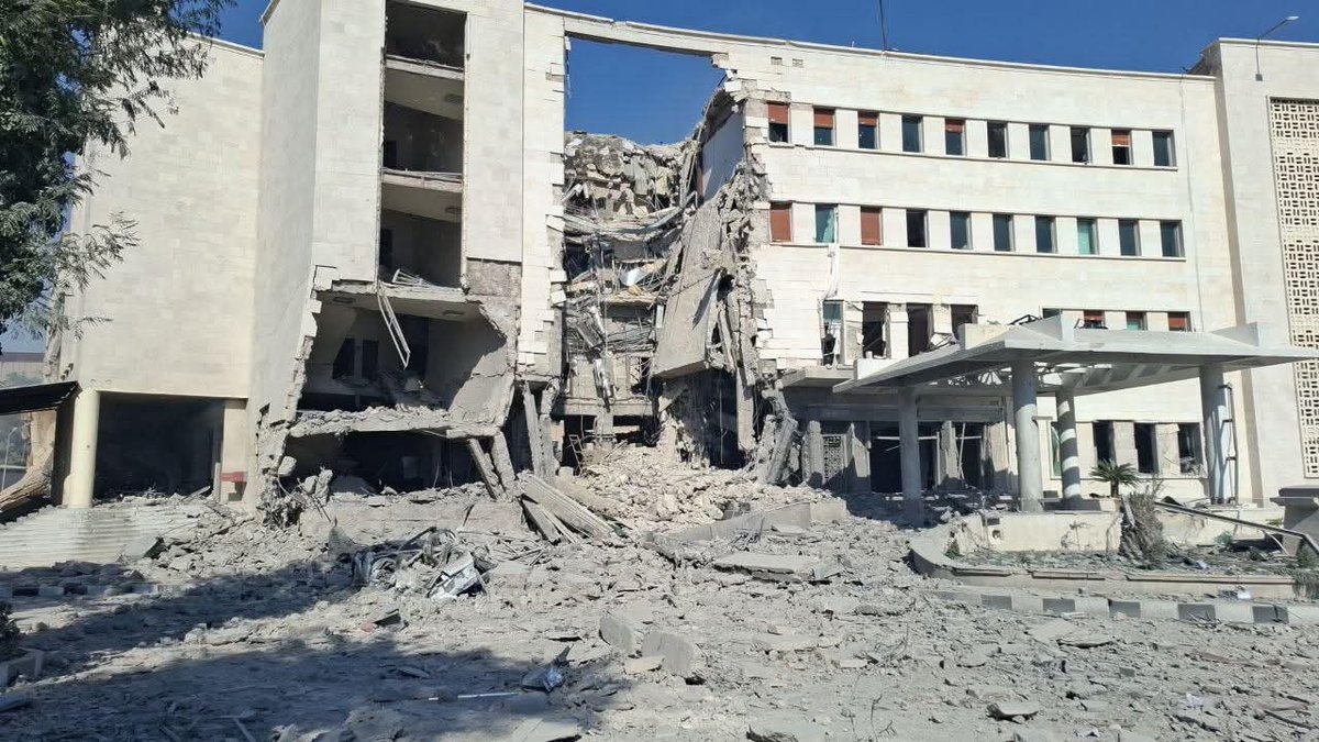 The main entrance of the Syrian Defense Ministry building after the Israeli airstrikes