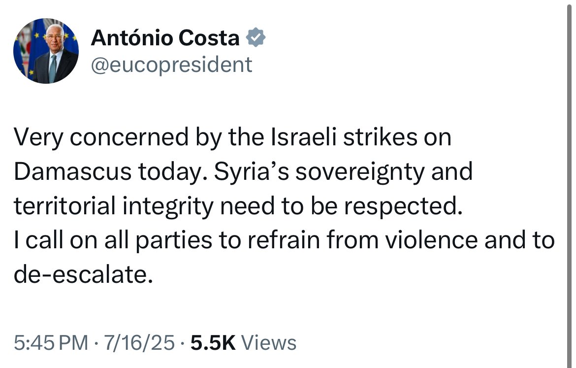 European Council President: very  concerned by the Israeli strikes on Damascus, and Syria's sovereignty and territorial integrity need to be respected”