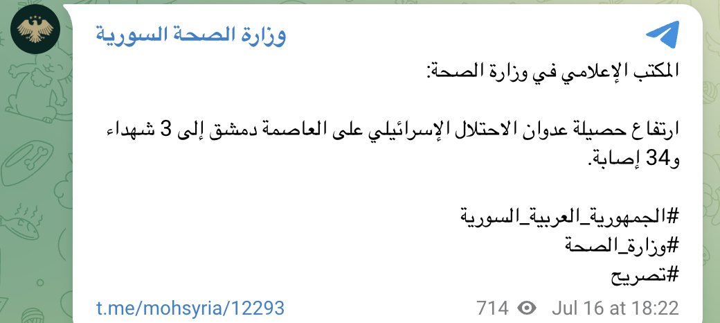 Syria's Ministry of Health says 3 were killed and 34 injured in the Israeli airstrikes on Damascus