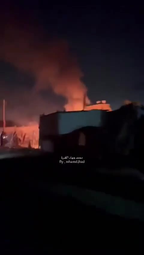 Fire breaks out in the tents of displaced people after they were bombed near Al-Ard Al-Tayyiba in Mawasi, Khan Yunis.