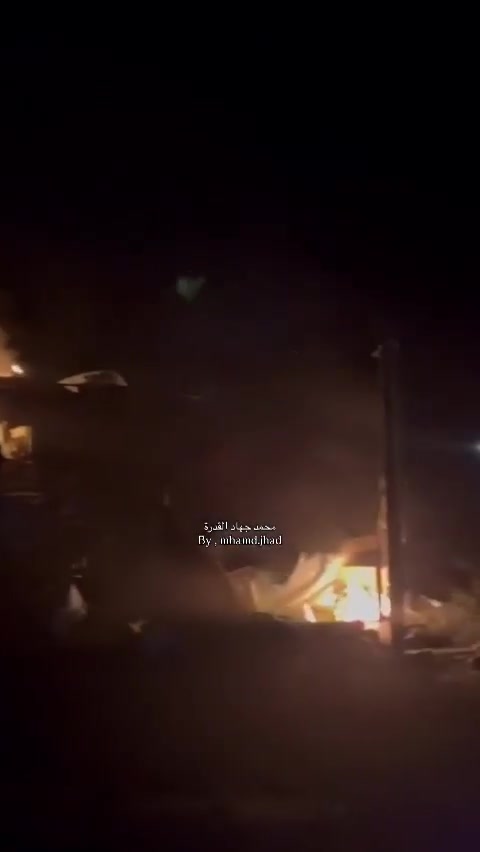 Fire breaks out in the tents of displaced people after they were bombed near Al-Ard Al-Tayyiba in Mawasi, Khan Yunis.