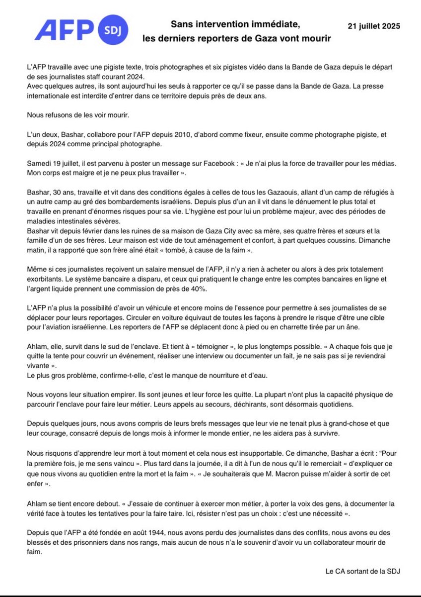 AFP Journalists' Association on reporters in Gaza: 'Since AFP was founded in August 1944, we have lost journalists in conflicts, we have had wounded and prisoners in our ranks, but none of us can remember seeing a colleague die of hunger. We refuse to see them die'