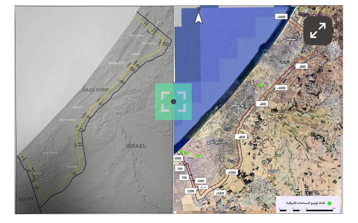 On left, maps for Israeli troop repositioning and a Gaza buffer zone presented by mediators to Hamas as Israeli-approved. On right, Hamas's amended maps. Most changes are 100-200 meters. Green dots are 4 sites run by the Gaza Humanitarian Foundation, which Hamas wants abolished