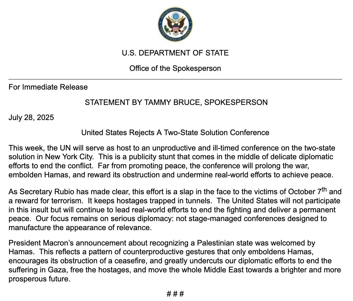 United States Rejects A Two-State Solution Conference, - State Department Statement