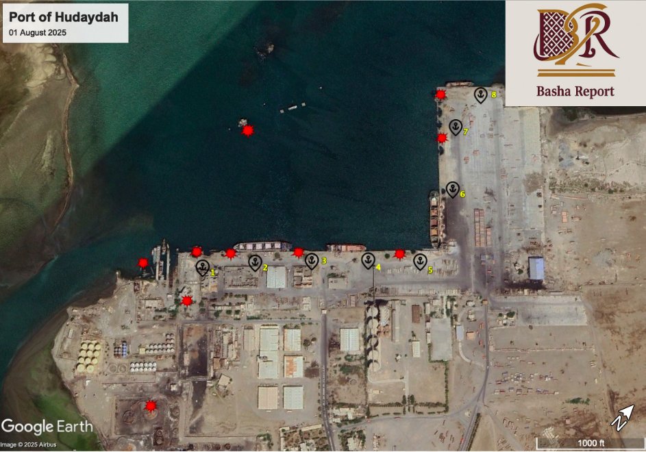 Yemen: Hudaydah Port has resumed operations but at reduced capacity after Israeli army airstrikes. Only berths 4, 6 and partly 8 are usable, with major damage elsewhere. 2 of 4 WFP/USAID cranes were destroyed, slowing cargo handling. Major shipping lines remain absent