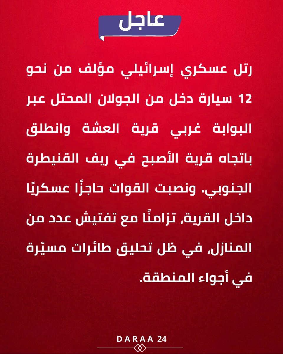 Israeli incursion and establishment of a checkpoint in the village of Al-Asbah, south of Quneitra.