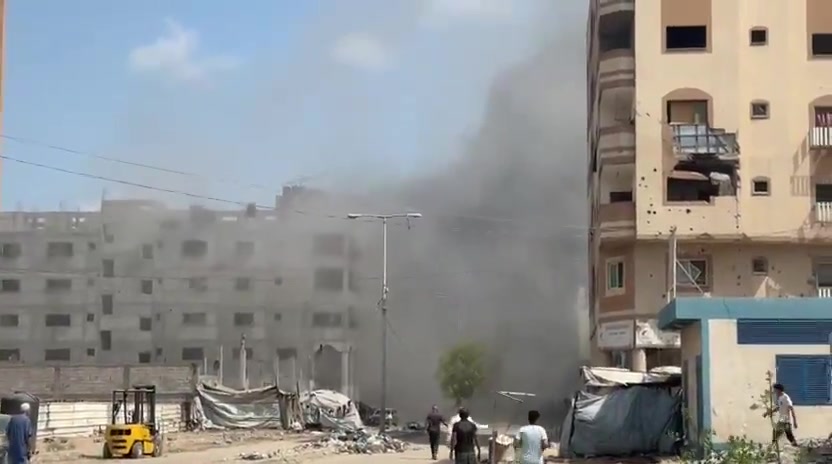 An airstrike targeting the Malkan building on Al-Nafaq Street, east of Gaza City.