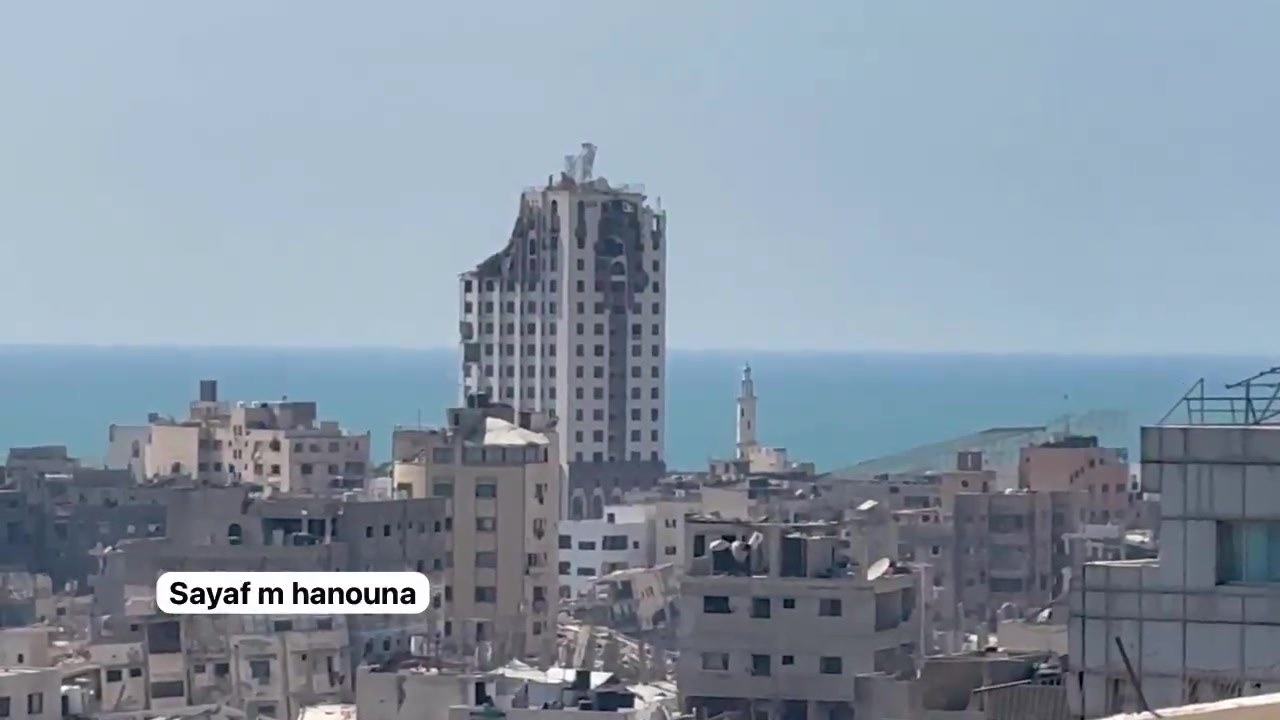 After the Israeli army issued an evacuation warning, an Israeli Air Force strike leveled the Ghefari Tower on the coast of Gaza City
