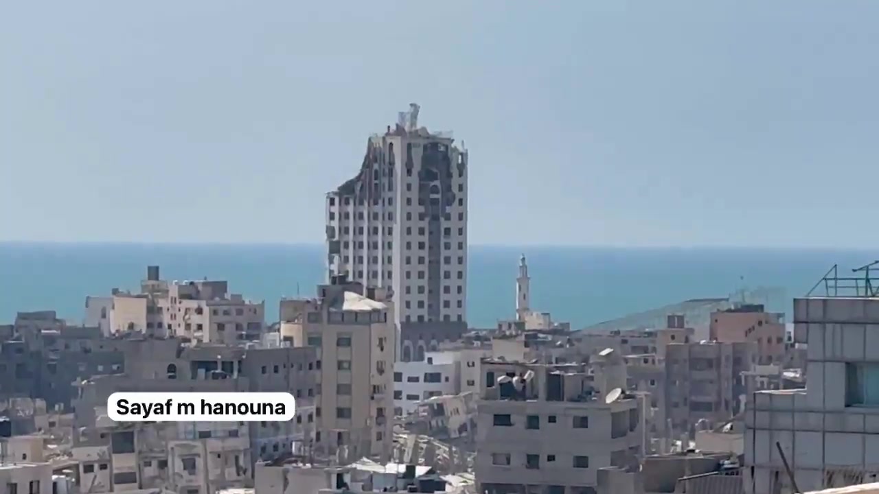 After the Israeli army issued an evacuation warning, an Israeli Air Force strike leveled the Ghefari Tower on the coast of Gaza City
