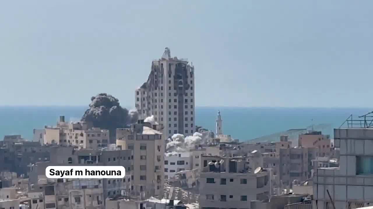 After the Israeli army issued an evacuation warning, an Israeli Air Force strike leveled the Ghefari Tower on the coast of Gaza City