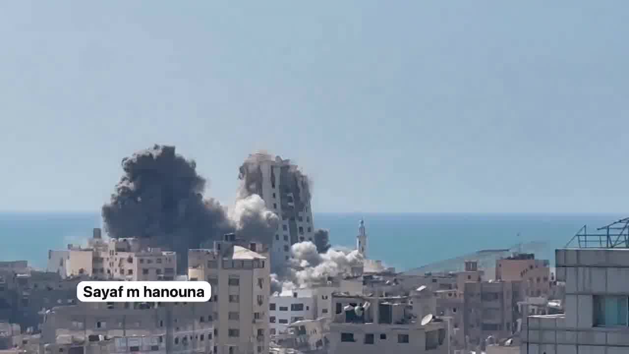 After the Israeli army issued an evacuation warning, an Israeli Air Force strike leveled the Ghefari Tower on the coast of Gaza City