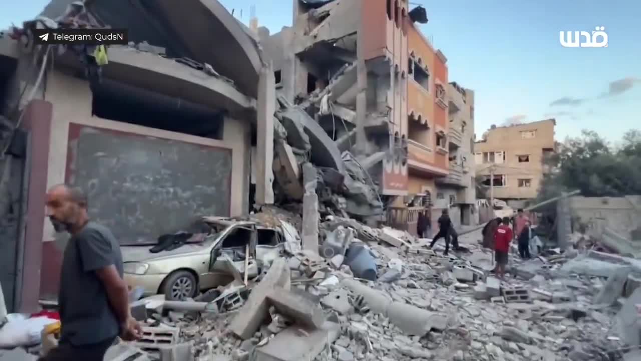 The aftermath of an airstrike that targeted the Abu Dahrouj family home in the Nuseirat camp in the central Gaza Strip at dawn today, resulting in a massacre of displaced people.