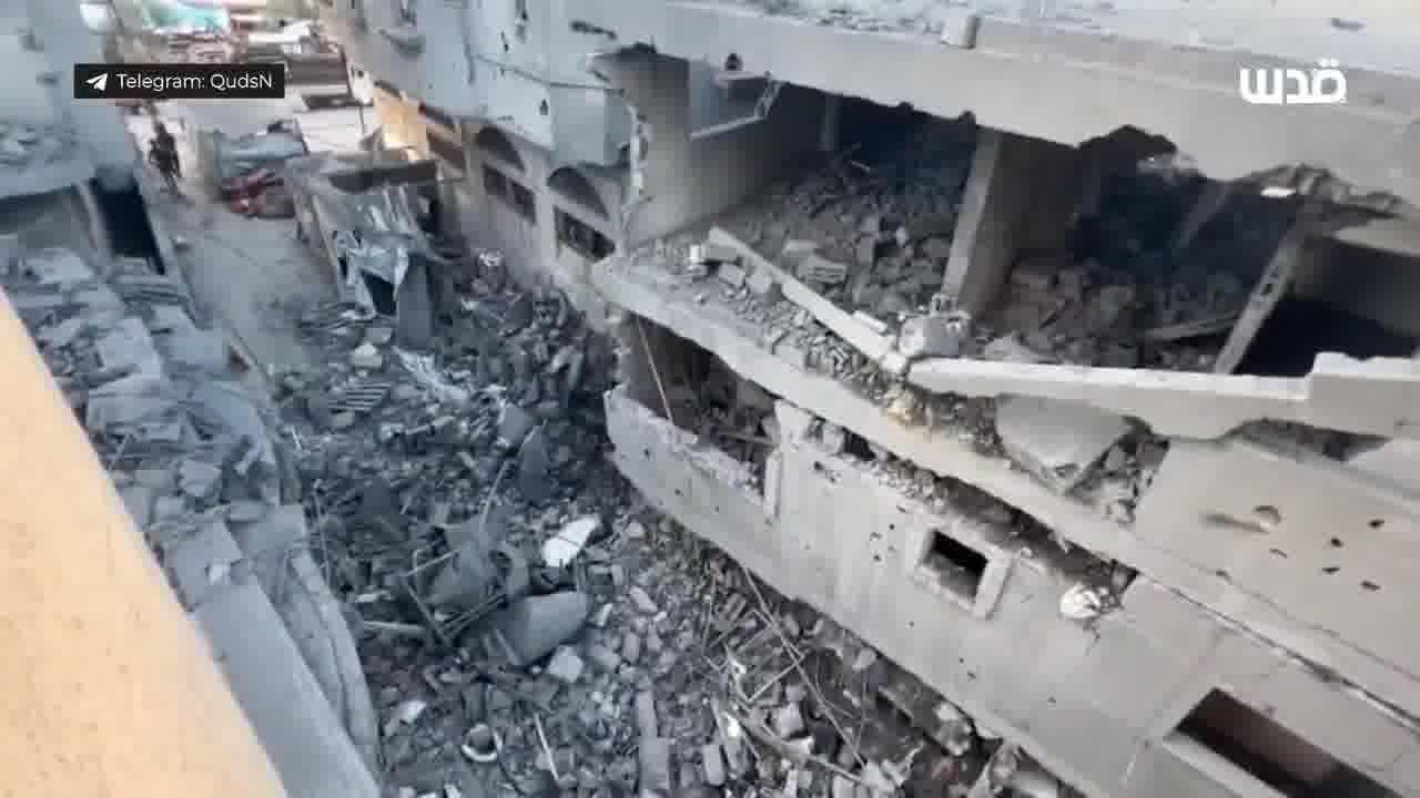 The aftermath of an airstrike that targeted the Abu Dahrouj family home in the Nuseirat camp in the central Gaza Strip at dawn today, resulting in a massacre of displaced people.